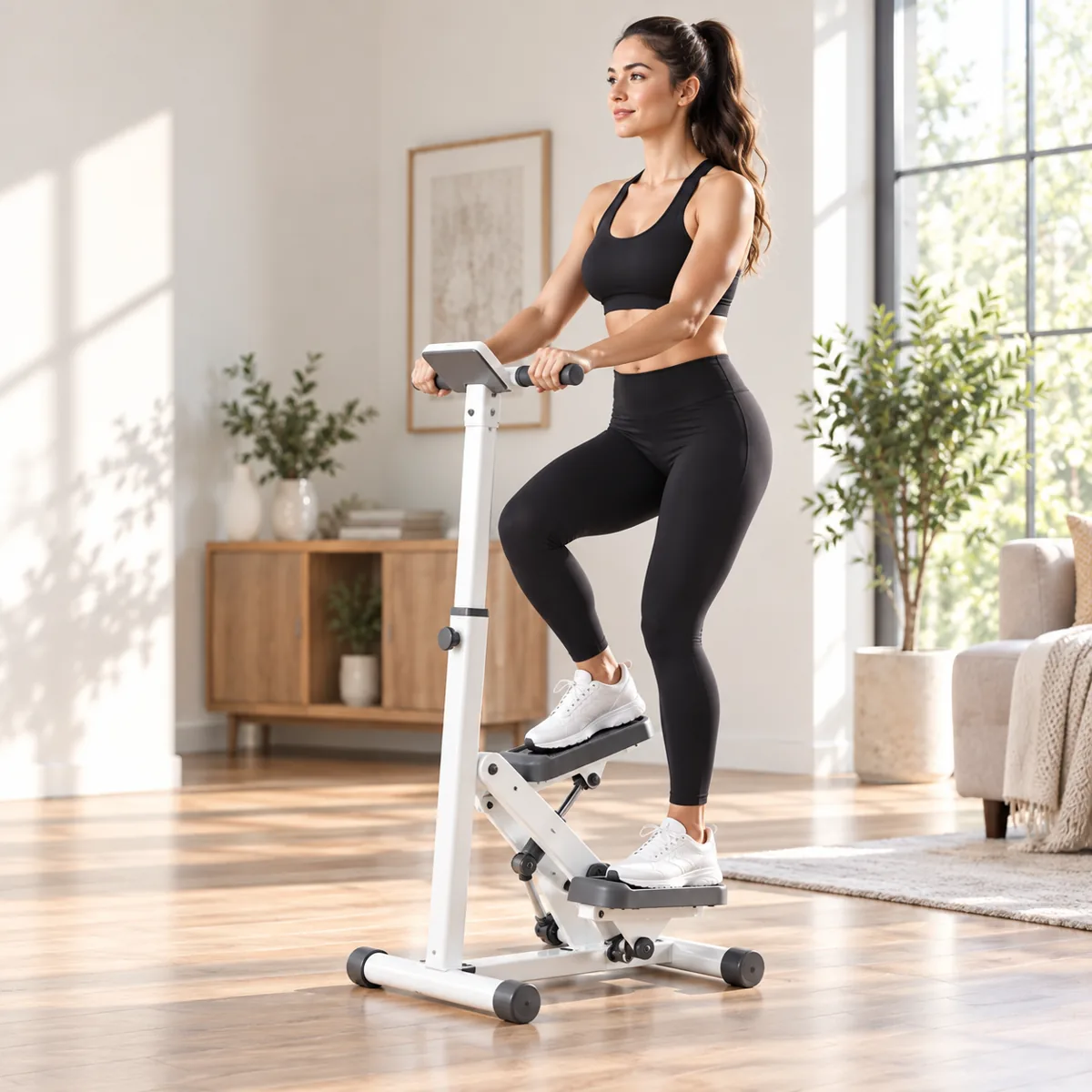 Woman using a compact stair climber in a bright modern home gym